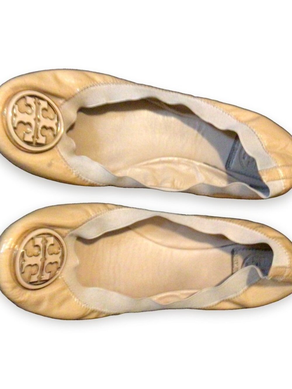 Tory Burch Reva Ballet Flats Nude Patent Gold Logo Size 9